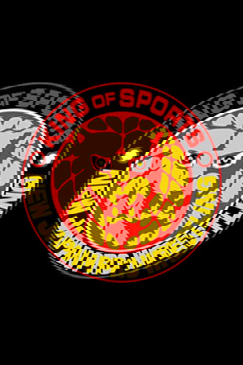 The poster features a fierce lion head with intense eyes, symbolizing strength and aggression. The bold red and yellow colors create a dynamic and energetic atmosphere, while the text "King of Sports" and "New Japan Pro Wrestling" frame the image, emphasizing the show's prestige and popularity.