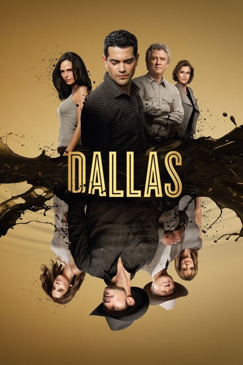The poster features a central man in a black shirt surrounded by five other characters, all with dramatic poses against a golden background. The bold "DALLAS" text in gold letters anchors the composition, while splashes of black paint add an artistic touch. The overall mood is intense and cinemat...