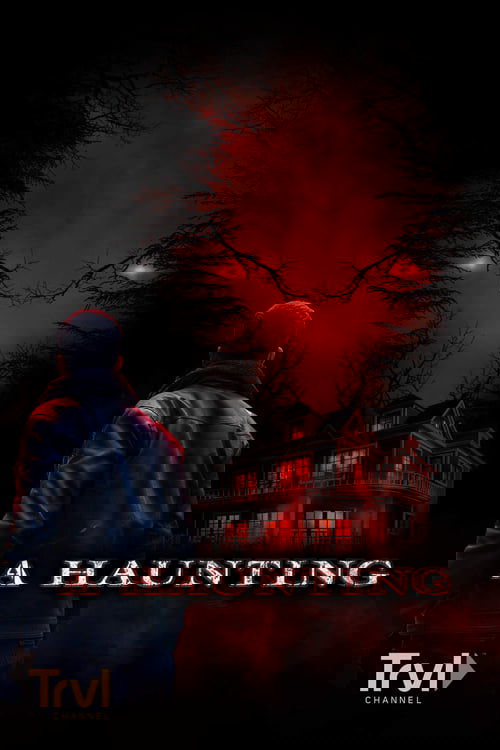 The poster features a shadowy figure in a dark jacket, facing a haunted house under a red sky. The eerie atmosphere is enhanced by the glowing eyes in the sky and the ominous title.