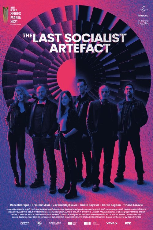 The poster features six silhouetted figures against a vibrant purple and pink gradient background, creating a mysterious and dramatic atmosphere. The title "The Last Socialist Artefact" is prominently displayed in bold white text, emphasizing the show's provocative and controversial nature.