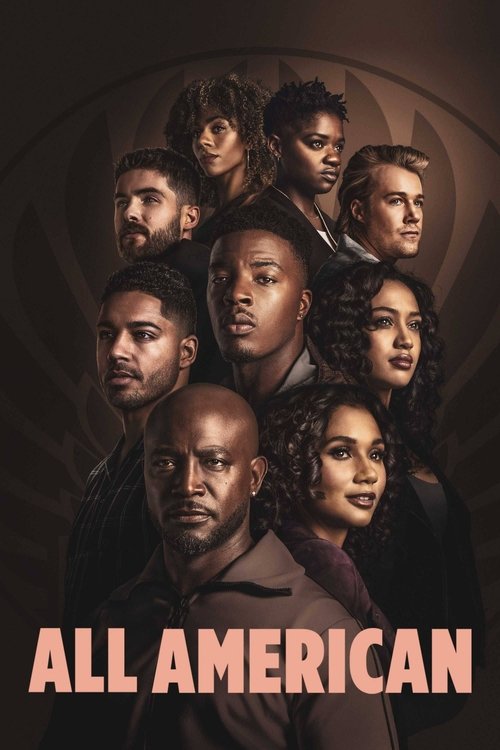 This poster features a group of diverse characters in a dimly lit, moody atmosphere, suggesting drama and intrigue. The warm, sepia-toned background enhances the emotional depth, while the bold text "ALL AMERICAN" at the bottom hints at themes of identity and belonging.