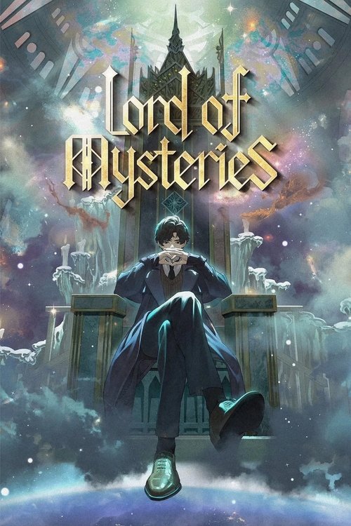 The poster features a mysterious figure in a dark coat sitting on a throne, surrounded by enchanted castle structures. The colors blend with the magical atmosphere, creating an eerie yet captivating mood.