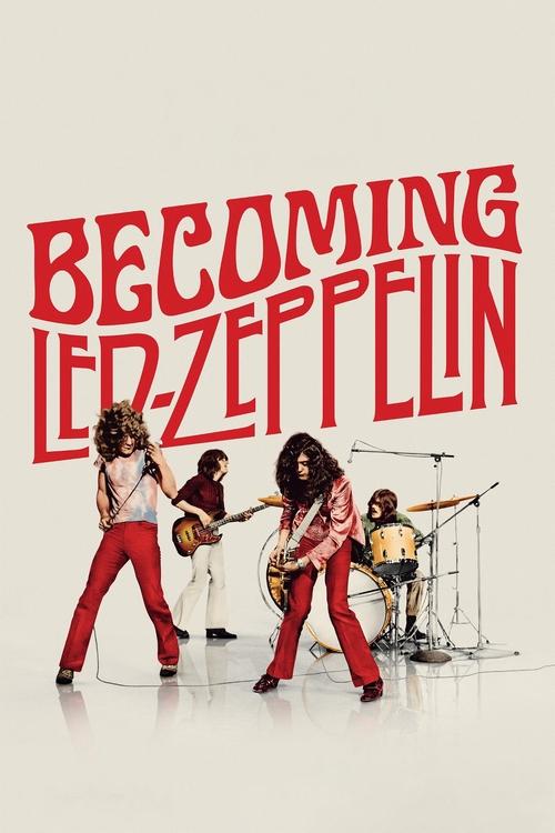 The poster features four band members in red pants and white shirts, playing instruments against a stark white background. The bold, red text "BECOMING LEZPELLIN" dominates the top, creating a striking contrast. The overall mood is energetic and rebellious, capturing the essence of the iconic roc...