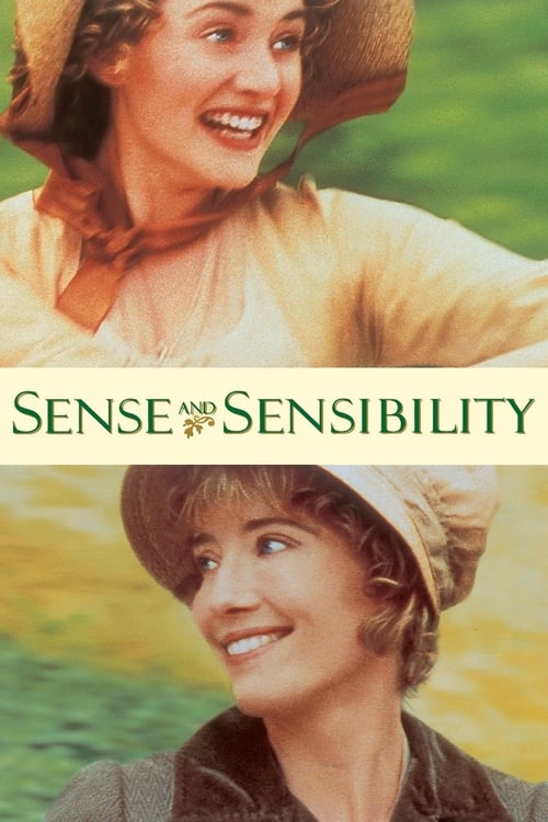 The poster features two women in vintage attire, one with a warm smile and the other looking thoughtfully upward. The sepia-toned background evokes nostalgia and romance, while the green text "SENSE AND SENSIBILITY" anchors the composition.