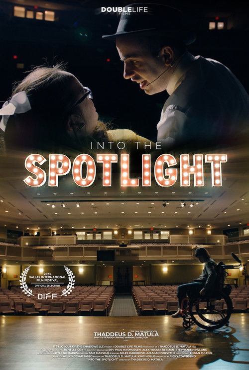 The poster features a dramatic scene with two people in a dimly lit theater, their faces close together in an intimate moment. Warm lighting contrasts with cool tones, creating a mysterious and emotional atmosphere. The title "Into the Spotlight" is prominently displayed in bold, glowing letters,...
