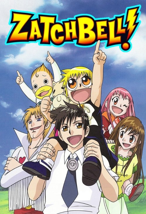 This vibrant anime poster features the iconic Zatch Bell! characters in a dynamic pose against a bright blue sky. The energetic mood is conveyed through the characters' confident expressions and colorful outfits. The title "Zatch Bell!" stands out in bold, playful lettering, emphasizing the show'...