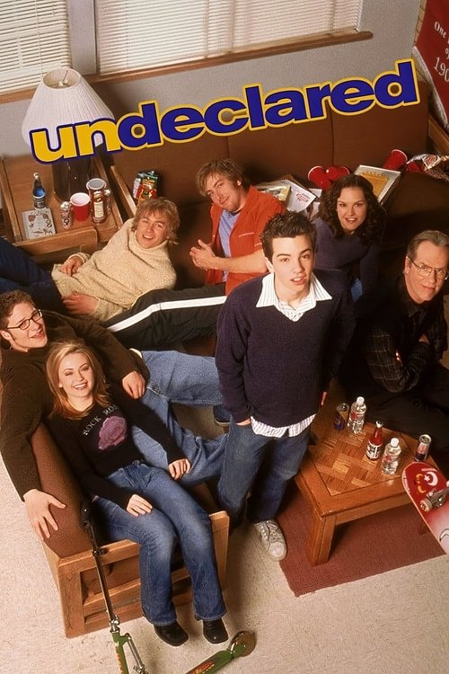 The poster features a group of six characters in casual, relaxed poses around a wooden coffee table, suggesting a friendly and informal atmosphere. The warm lighting and earthy tones evoke a cozy, everyday vibe. The title "undeclared" is prominently displayed in bold, colorful letters, hinting at...
