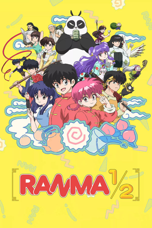 This vibrant anime poster features a lively scene with Ranma and her friends in colorful outfits against a cheerful yellow background. The playful characters exude a fun, energetic mood, capturing the essence of the show's upbeat and adventurous spirit.