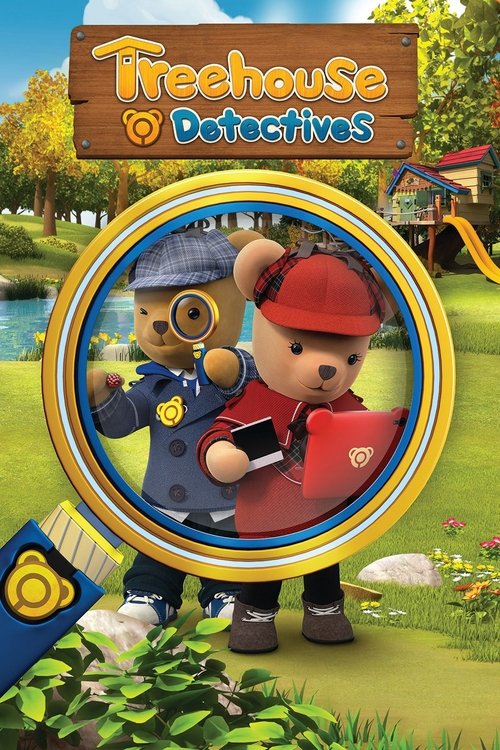 The poster features a cheerful cartoon dog detective with a red hat and blue uniform, holding a magnifying glass over a lush green garden. The vibrant yellow and blue color scheme creates a playful and inviting atmosphere, while the bright sunny background enhances the lively mood of the show.