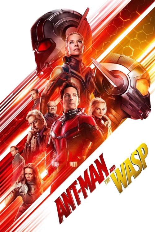 The poster features Ant-Man and the Wasp in dynamic poses against a vibrant red and orange backdrop, suggesting action and adventure. The characters exude confidence and readiness for an exciting journey, with bold colors and energetic lines enhancing the sense of motion and excitement.