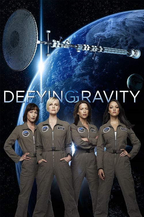 The poster features four astronauts in matching brown uniforms standing confidently against a backdrop of Earth and a distant space station. The deep blue and black color scheme evokes a sense of mystery and adventure, while the astronauts' poised expressions and confident poses suggest a thrilli...