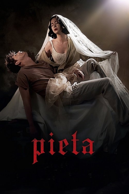 The poster depicts a somber scene with a woman in white mourning clothing holding a man in brown, set against a dark, dramatic background. The title "Pieta" is prominently displayed in red, conveying a sense of grief and sorrow. The overall mood is deeply emotional and poignant.