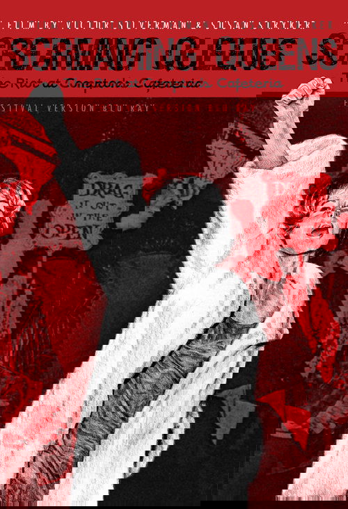 This movie poster features a striking black and white illustration of a woman in a white coat, her arm raised in a powerful pose against a vivid red background. The title "Screaming Queens" is prominently displayed in bold red letters, with the tagline "The Riot at Compton's Cafeteria" beneath it...