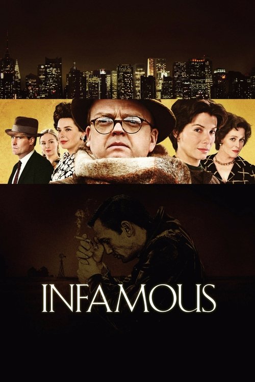 The poster features a group of characters against a dark, moody night sky with illuminated city lights in the background. The central figure wears glasses and a fur-trimmed hat, exuding an air of mystery and intrigue. The title "INFAMOUS" is prominently displayed at the bottom in bold, white lett...