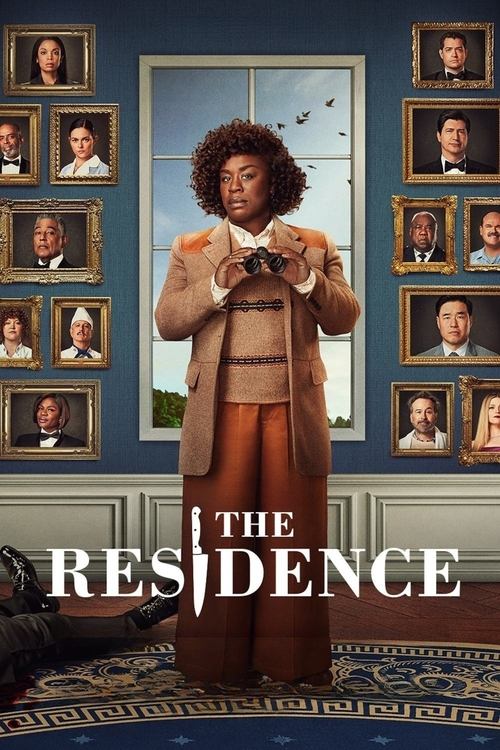 The poster features a central African American woman with a warm, earthy-toned dress against a blue wall adorned with framed portraits of various people. The mood is nostalgic and slightly mysterious, evoking the classic sitcom aesthetic of "The Residence."