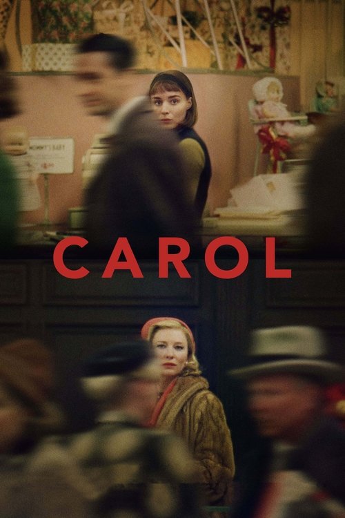 The poster features a woman in period clothing, surrounded by blurred figures in a dimly lit, vintage setting. The warm, sepia-toned colors evoke nostalgia and mystery, while the bold red text "CAROL" anchors the composition.