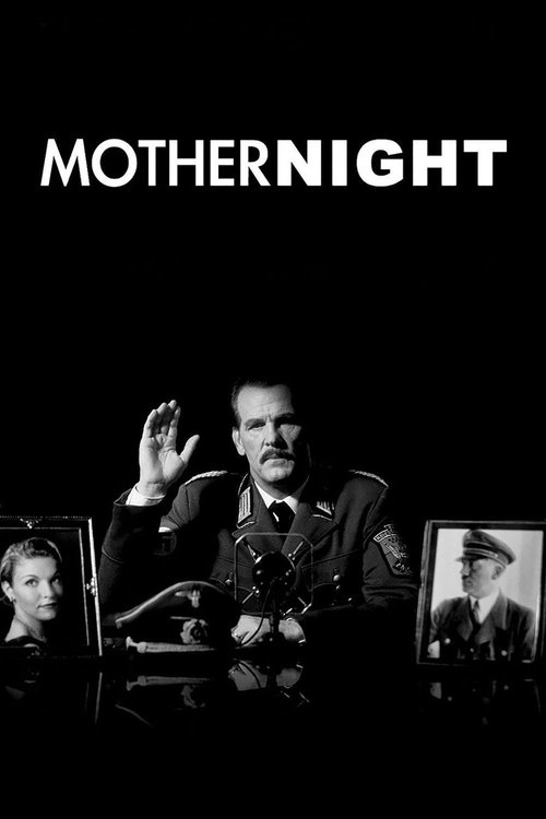 The poster features a dark, moody scene with a man in a suit sitting at a table, surrounded by framed photographs. The stark black background and monochrome tones create a somber, suspenseful atmosphere. The title "Mother Night" is prominently displayed at the top, emphasizing the film's dramatic...
