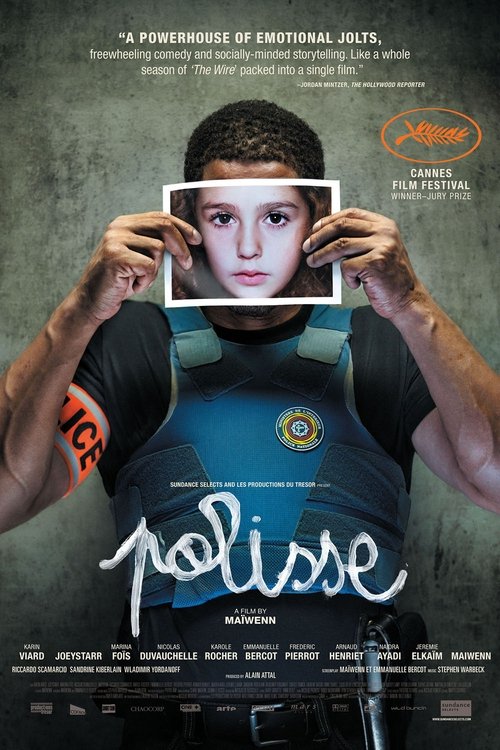 The poster features a young man holding a framed photo of himself, creating a mysterious and introspective mood. The dark, textured background contrasts with the vibrant blue and orange tones of his uniform, emphasizing his role as a police officer. The title "Polisse" is prominently displayed in...