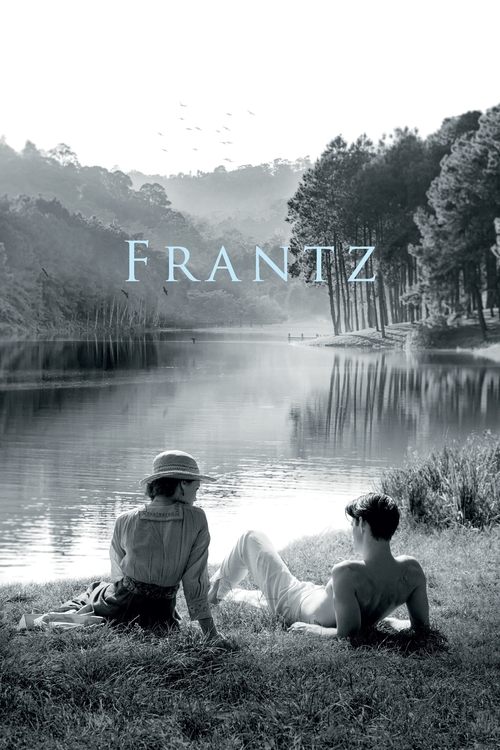 This black-and-white poster features two people sitting on a grassy bank, gazing into a misty lake. The title "FRANTZ" is elegantly placed in the sky, evoking a serene, contemplative mood.