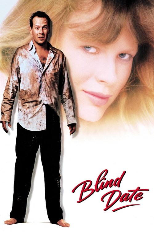 This movie poster features a man in a patterned shirt and black pants standing against a blurred background of a woman's face. The warm, golden tones evoke a romantic and slightly mysterious atmosphere. The title "Blind Date" is elegantly written in red script at the bottom.