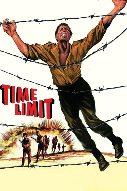 The poster features a man in a yellow shirt and black pants running through barbed wire, with his arms raised in triumph. Below him, a group of people stands in a line, watching him. The background shows a desert landscape with a sun rising. The title "TIME LIMIT" is prominently displayed in bold...