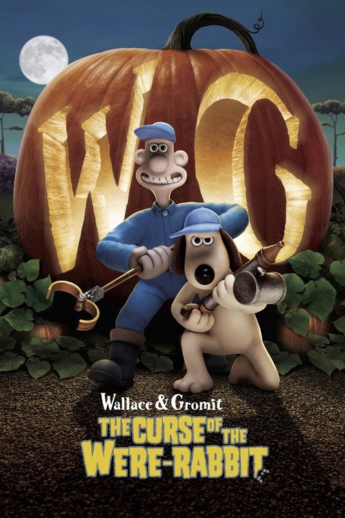 The poster features Wallace and Gromit in a spooky Halloween scene, with the "WEG" logo glowing ominously behind them. The dark, eerie atmosphere is enhanced by the full moon and spooky foliage. The characters exude a mix of humor and fear, capturing the essence of their classic comedic yet adven...