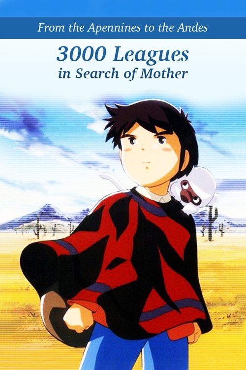 The poster features a young boy with dark hair and a red and black jacket against a bright blue sky. He holds a brown hat and looks determined. The background shows a sunny landscape with mountains and a clear horizon. The overall mood is adventurous and hopeful.