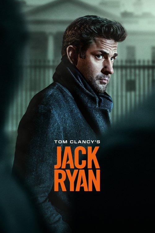 The poster features Tom Clancy's Jack Ryan, a rugged man in a dark coat, exuding mystery and authority. The muted tones of the image, with shadows and grays, create a somber and suspenseful mood. The bold orange text of "Jack Ryan" stands out against the darker background, emphasizing the charact...