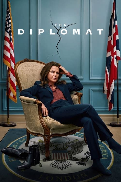 The poster features a woman in a dark suit reclining in an ornate armchair against a blue wall, with American and Canadian flags flanking her. The mood is serious and dramatic, suggesting a high-stakes political drama.