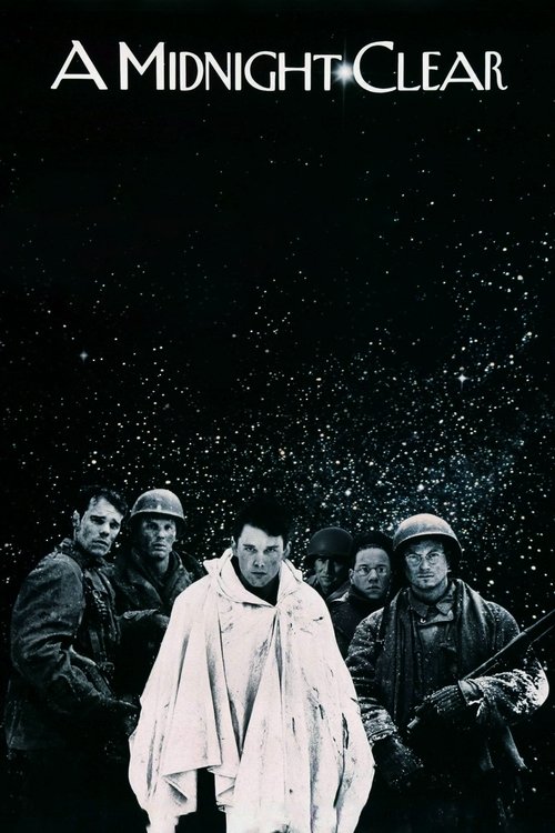 The poster features a group of men in winter gear against a dark, starry backdrop. The central figure wears a white coat, while others are dressed in dark clothing. The mood is mysterious and atmospheric, with the title "A Midnight Clear" prominently displayed at the top.