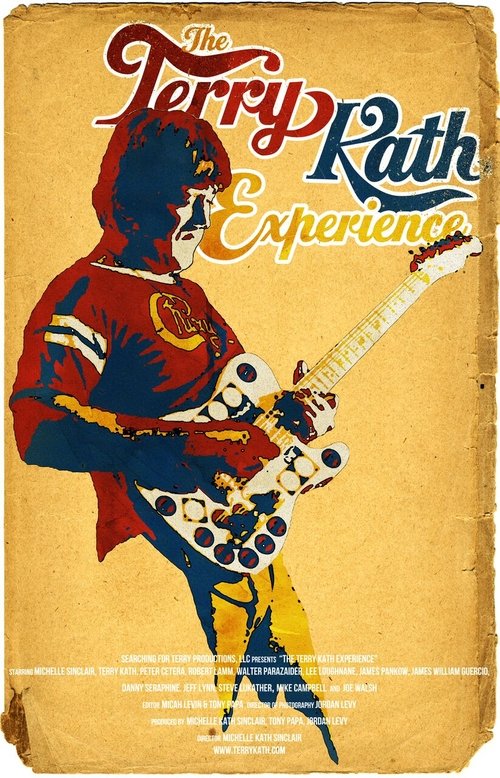 This vintage-style poster features a dynamic illustration of Terry Kath playing a psychedelic guitar, wearing a red and blue outfit with a skull design. The bold, stylized typography and vibrant colors evoke a retro 1960s rock-and-roll atmosphere, capturing the essence of the film's energetic and...