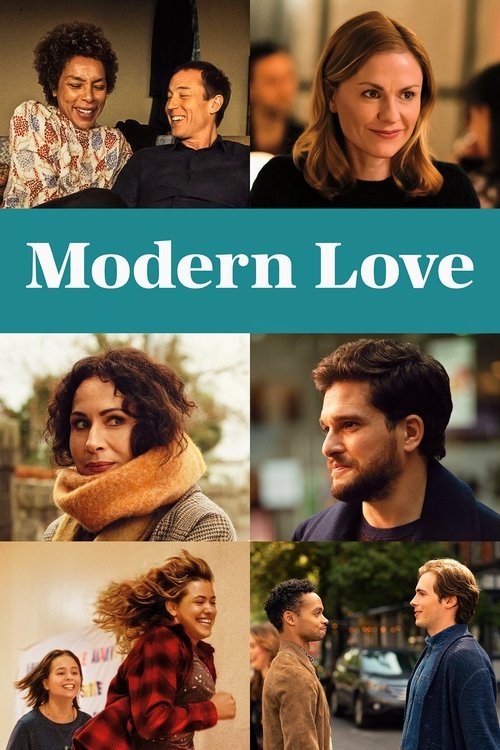 This poster showcases a vibrant collage of characters from the TV show "Modern Love," featuring warm tones and joyful expressions. The central teal banner with the show's title draws attention, while surrounding images capture moments of connection and laughter, evoking a sense of modern romance ...