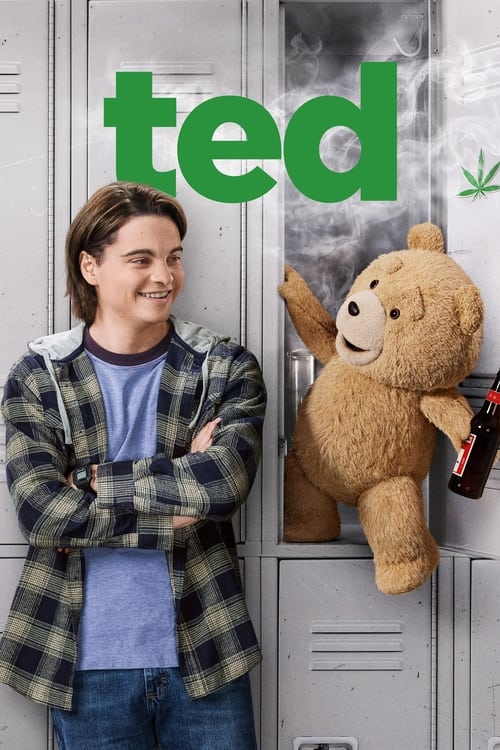 A young man with a mischievous grin stands in front of a locker, arms crossed, wearing a plaid jacket over a blue shirt. Beside him, a large teddy bear with a cheerful expression leans against the wall. The scene is set against a backdrop of green "ted" letters and a marijuana leaf, evoking a pla...
