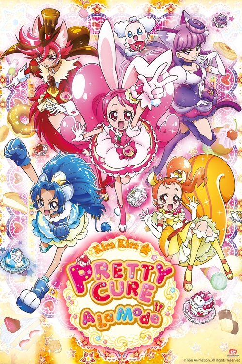 The vibrant poster features a lively scene with KiraKira and her friends in colorful outfits, surrounded by magical creatures and sparkling effects. The bright pink and purple hues create a cheerful and magical atmosphere, capturing the essence of the Pretty Cure series.