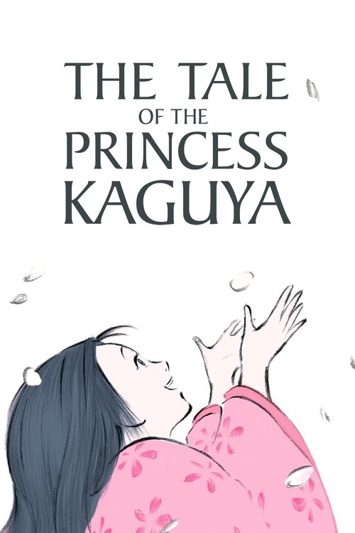 The poster features a delicate illustration of a young girl with dark hair and a pink outfit, her face turned upward as if caught in a dream. The title "The Tale of The Princess Kaguya" is elegantly placed at the top in bold, black letters. The overall mood is ethereal and dreamlike, capturing th...