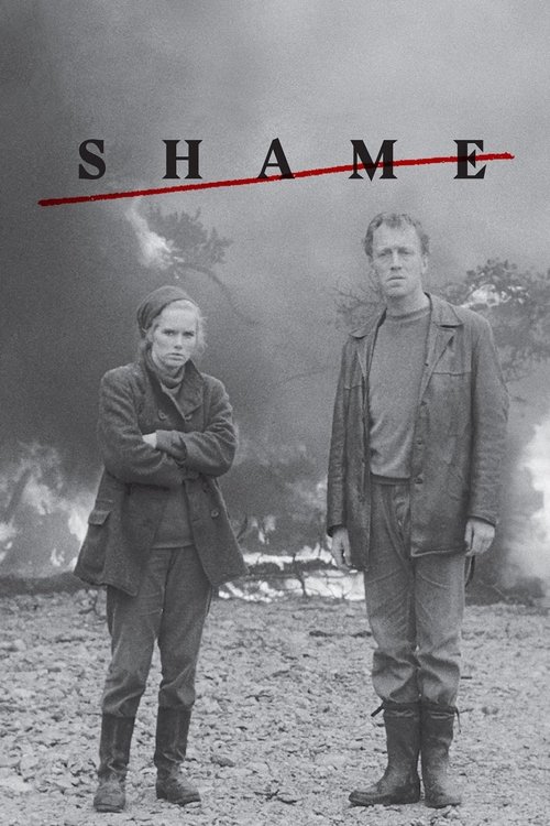 This black-and-white poster features two men standing in a desolate, war-torn landscape. The title "SHAME" is boldly displayed across the top, with a red line cutting through it. The mood is somber and reflective, evoking themes of conflict and personal struggle.