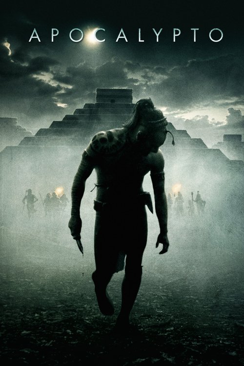 The poster features a menacing, shadowy figure walking through a misty, cavernous landscape under a dark, ominous sky. The title "ApoCalypto" is prominently displayed at the top in bold, white letters. The overall mood is eerie and foreboding, with muted green and gray tones that enhance the sens...