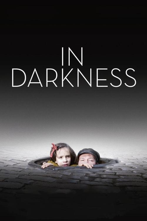 The poster features two children peeking out from a dark, cobblestone hole, their faces partially obscured by shadows. The title "IN DARKNESS" is prominently displayed in stark white letters against a black background, creating a mysterious and eerie atmosphere. The overall composition evokes sus...