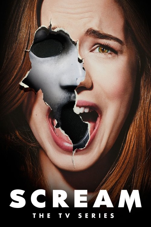 The poster features a woman with a distressed expression, her face split by a jagged tear revealing a black void. The colors are dark and intense, conveying fear and horror. The title "SCREAM" is prominently displayed in bold white letters, emphasizing the show's title.