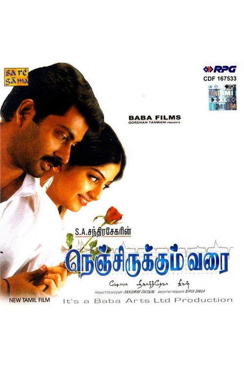 The poster features a tender moment between a man and a woman, with soft lighting and warm tones. The Malayalam text "Nenjirukkum Varai" is prominently displayed, suggesting a romantic drama. The overall mood is intimate and emotional, capturing a classic love story.