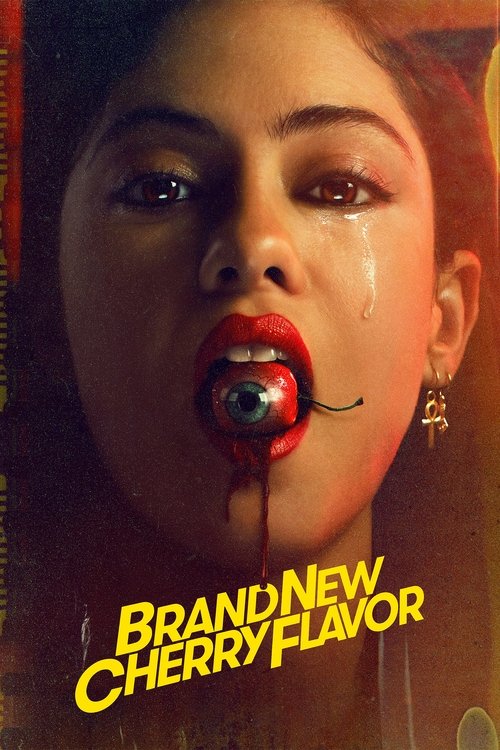 The poster features a woman with dramatic makeup and tears, her mouth filled with a cherry-shaped object. The bold yellow text announces the show's unique cherry flavor. The intense expression and vibrant colors create a mysterious and intriguing atmosphere.