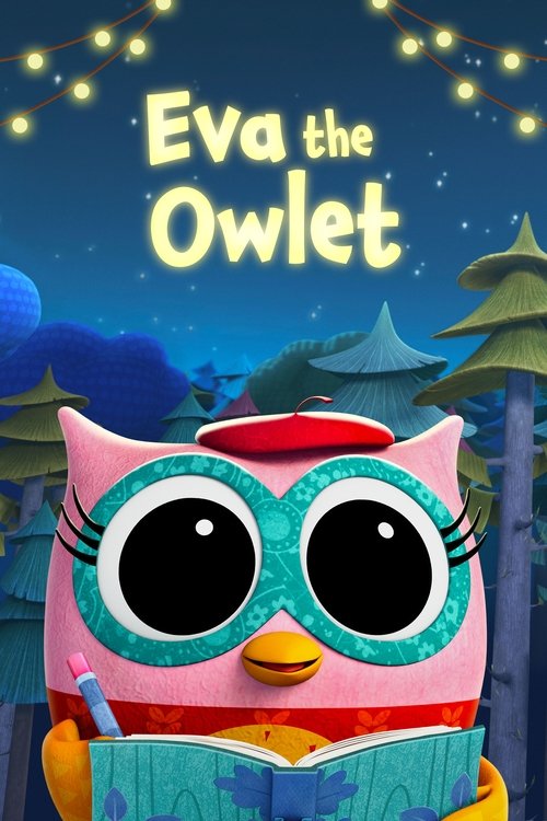 The poster features a cute pink owl character with large expressive eyes, wearing a red hat and holding a book. The background is a whimsical night scene with twinkling lights and a starry sky, evoking a magical and cozy atmosphere.