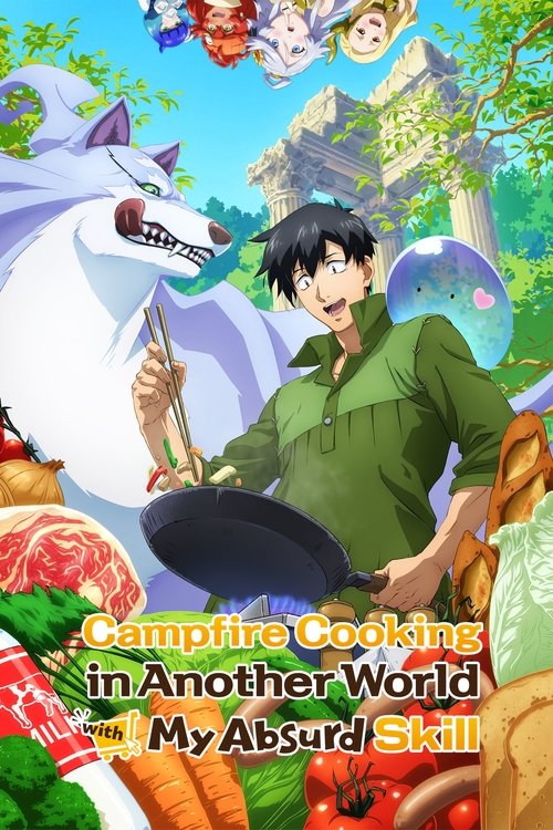The poster features a cheerful anime-style character with dark hair and a green shirt, holding a large black pot while surrounded by vibrant, colorful ingredients like carrots, tomatoes, and mushrooms. A majestic white wolf-like creature looms in the background, adding a fantastical touch. The sc...