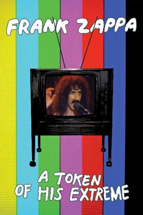 The poster features Frank Zappa on a vintage TV screen, surrounded by vibrant vertical stripes of yellow, blue, green, pink, and red. The bold white text at the top and bottom emphasizes his name and the movie title. The mood is energetic and theatrical, capturing Zappa's iconic style.