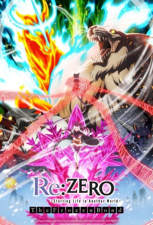 The poster features a dramatic scene with a fierce, shadowy figure looming over a group of people in a vibrant, magical atmosphere. The colors are intense, with fiery oranges, electric blues, and sparkling pinks creating an energetic and mysterious mood. The title "Re:ZERO" is prominently display...