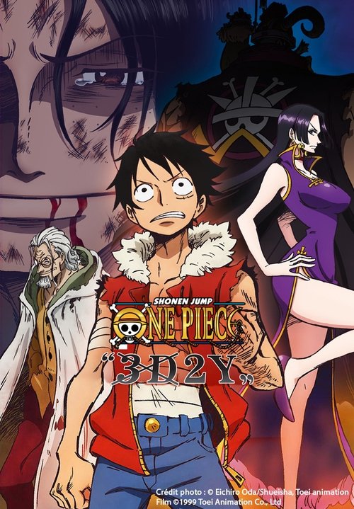 The poster features Luffy in a heroic pose with a determined expression, surrounded by other characters like Ace and Gon. The vibrant colors of red, blue, and purple create a dynamic and energetic atmosphere. The title "One Piece 3D2Y" is prominently displayed, emphasizing the movie's action-pack...