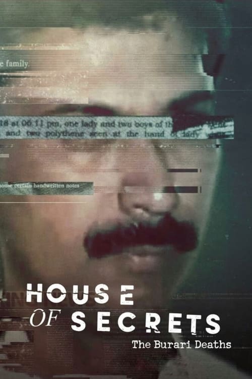 The poster features a dark, moody portrait of a man with a mustache, overlaid with glitching text that suggests digital corruption or conspiracy. The muted colors and shadowy tones evoke a sense of mystery and foreboding, hinting at the supernatural or thriller genre of the Burari Deaths TV show.