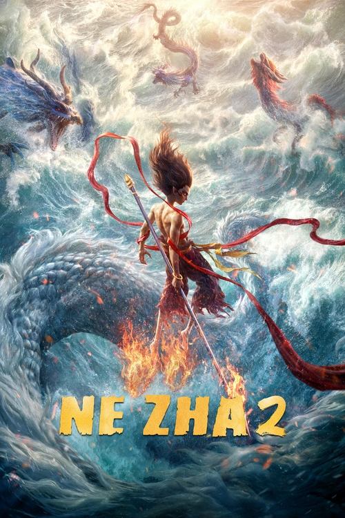 A young warrior stands defiantly against a swirling ocean, wielding a staff amidst flames and dragons. The vibrant colors of red, blue, and gold create a dynamic and intense atmosphere. The poster conveys a sense of epic adventure and mythical power.