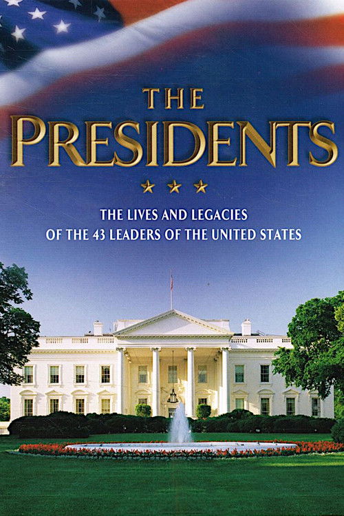 This TV show poster for "The Presidents" features a white presidential building under a clear blue sky, with a vibrant American flag in the background. The golden title and stars evoke a sense of solemnity and historical significance, while the lush green lawn and manicured hedges add a serene, o...