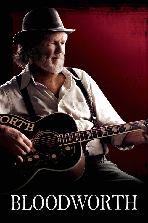 A rugged musician in a hat plays an acoustic guitar against a deep red backdrop, evoking a gritty, cinematic atmosphere. The poster's bold typography and dramatic lighting suggest a story of raw emotion and storytelling.